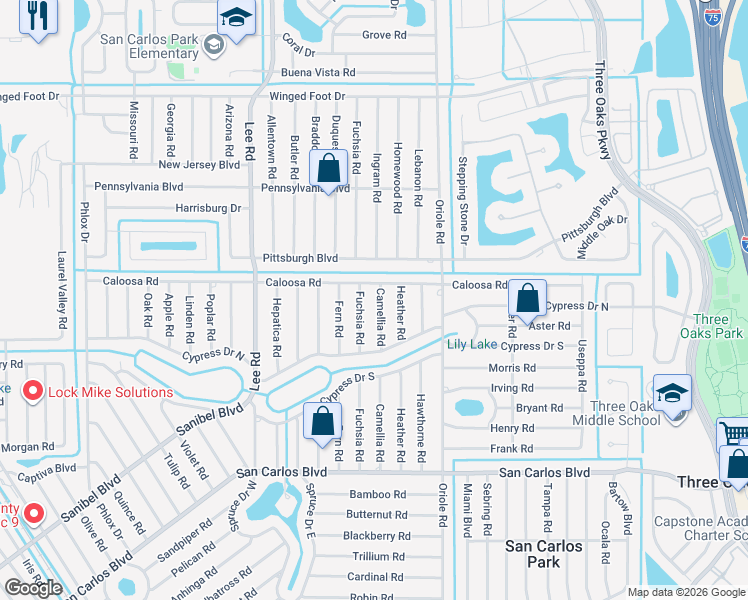 map of restaurants, bars, coffee shops, grocery stores, and more near 18237 Camellia Road in Fort Myers