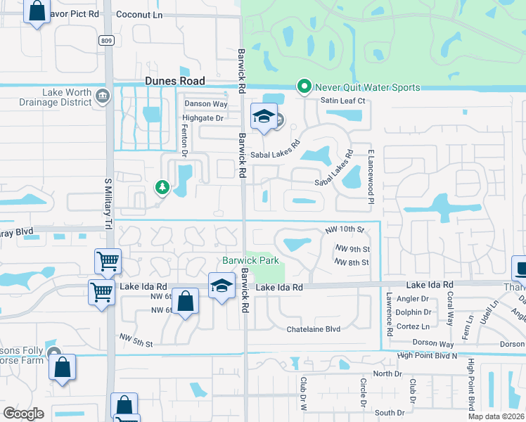 map of restaurants, bars, coffee shops, grocery stores, and more near 4255 Northwest 10th Street in Delray Beach