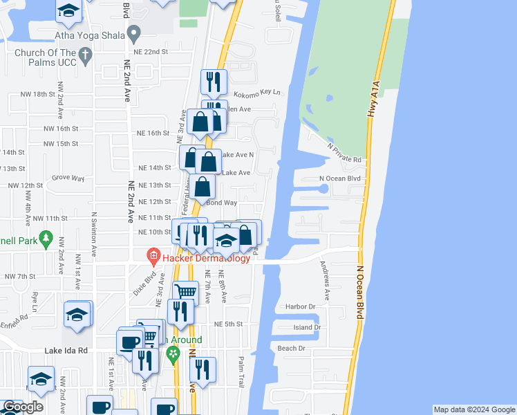 map of restaurants, bars, coffee shops, grocery stores, and more near 955 Palm Trail in Delray Beach