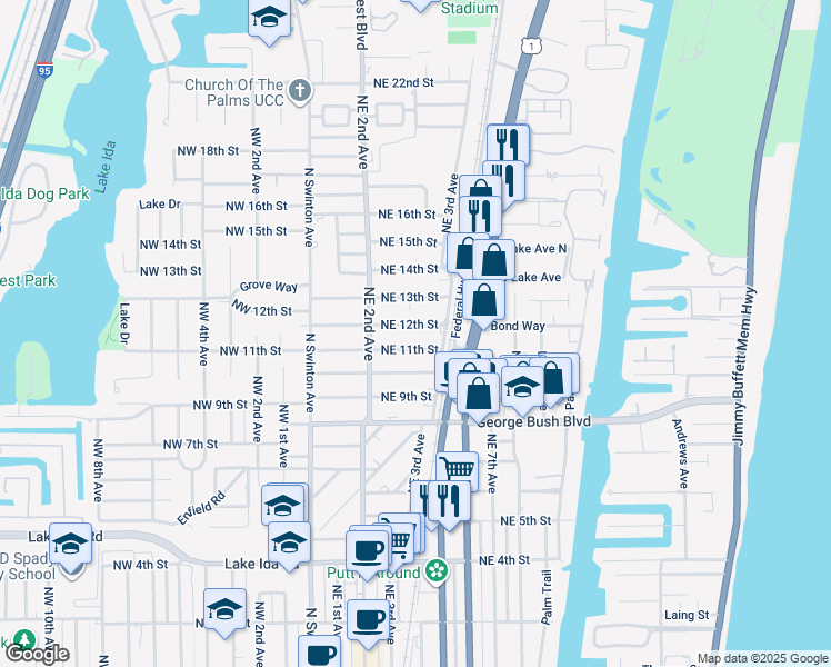 map of restaurants, bars, coffee shops, grocery stores, and more near 264 Northeast 11th Street in Delray Beach
