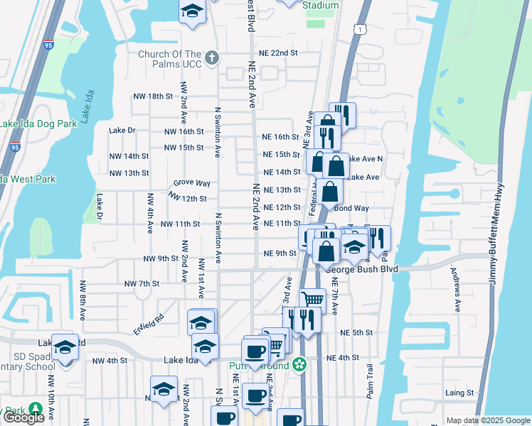 map of restaurants, bars, coffee shops, grocery stores, and more near 222 Northeast 11th Street in Delray Beach