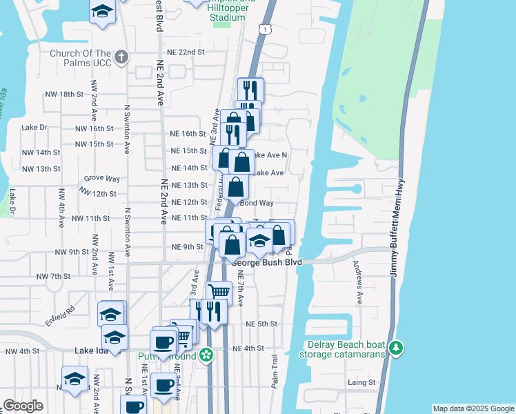 map of restaurants, bars, coffee shops, grocery stores, and more near 800 Bond Way in Delray Beach