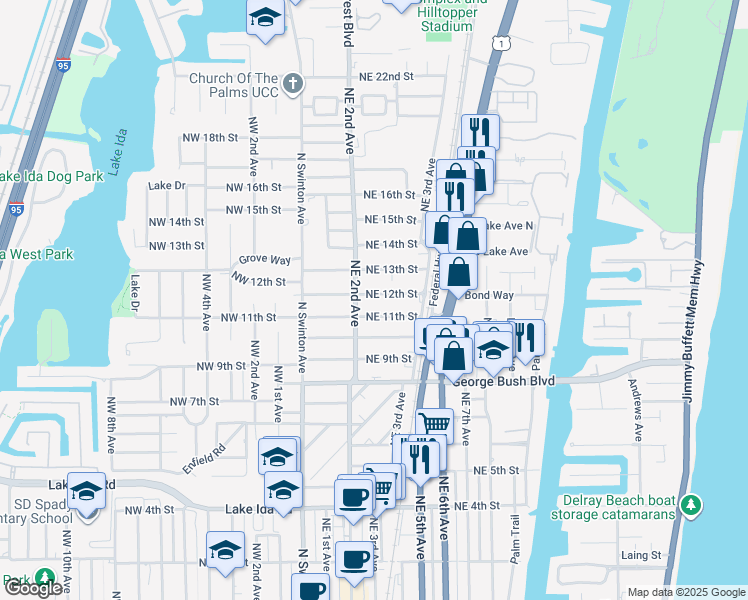 map of restaurants, bars, coffee shops, grocery stores, and more near 218 Northeast 12th Street in Delray Beach