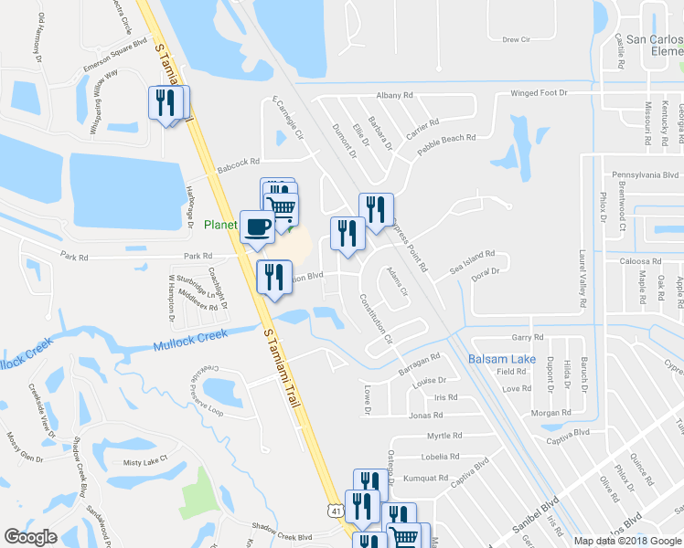 map of restaurants, bars, coffee shops, grocery stores, and more near 7198 Constitution Boulevard in Fort Myers