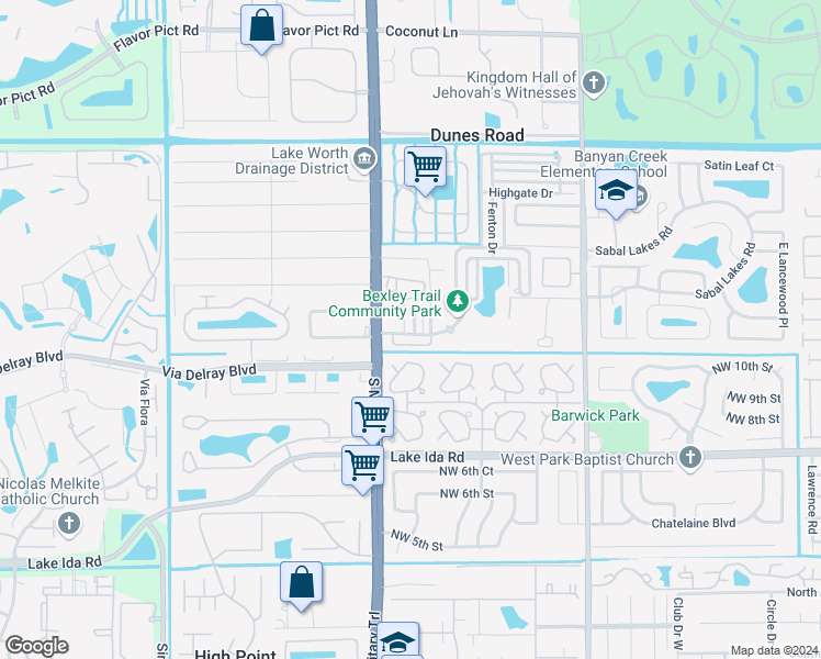 map of restaurants, bars, coffee shops, grocery stores, and more near 1404 West Wickham Circle in Delray Beach