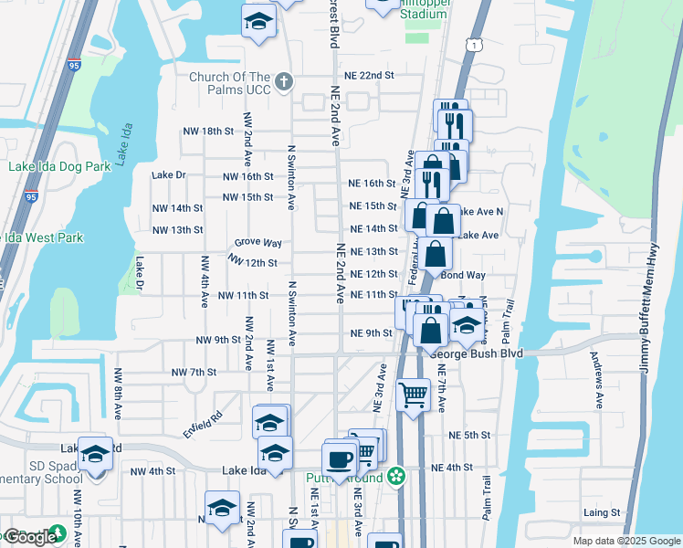 map of restaurants, bars, coffee shops, grocery stores, and more near 122 Northeast 13th Street in Delray Beach
