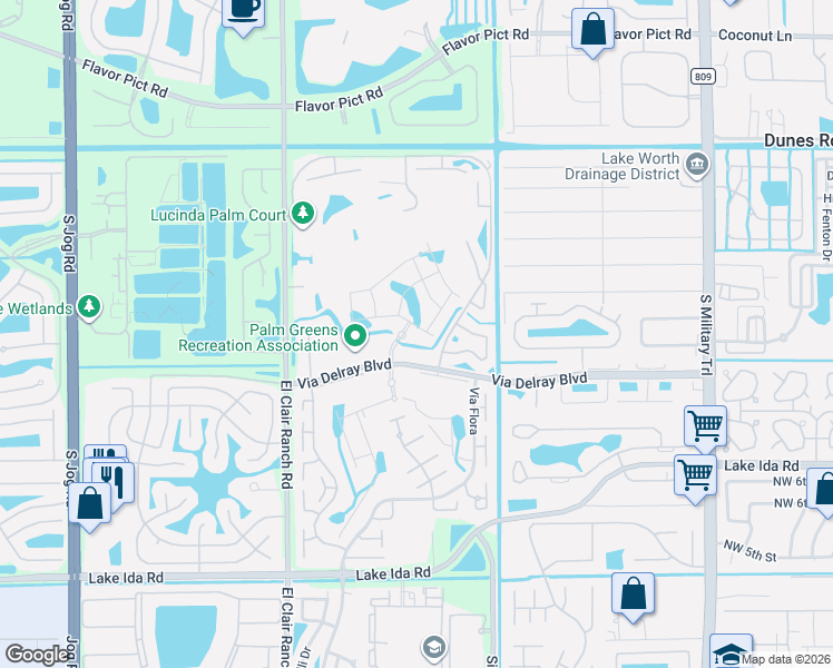 map of restaurants, bars, coffee shops, grocery stores, and more near 5696 Spacious Skies Way in Delray Beach