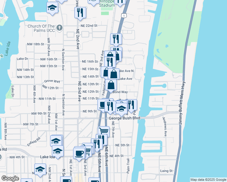 map of restaurants, bars, coffee shops, grocery stores, and more near 1224 Northeast 8th Avenue in Delray Beach