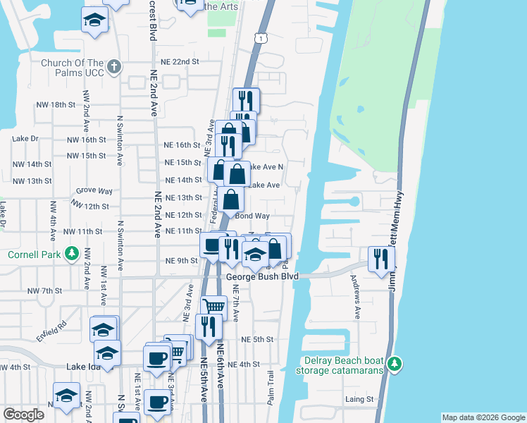 map of restaurants, bars, coffee shops, grocery stores, and more near 906 Denery Lane in Delray Beach