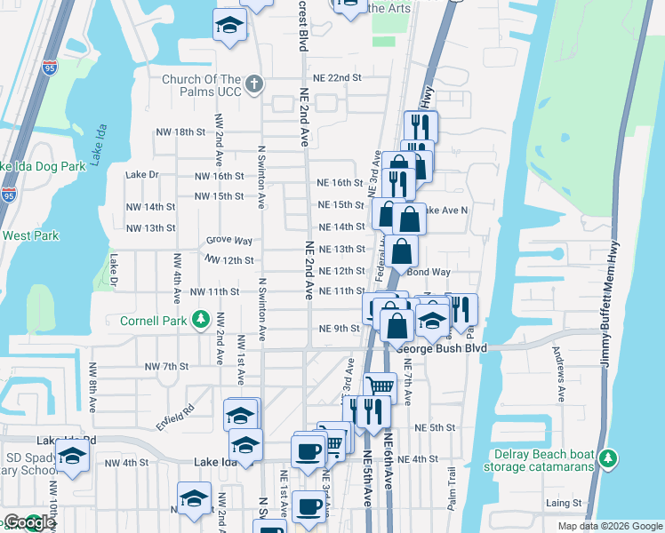 map of restaurants, bars, coffee shops, grocery stores, and more near 228 Northeast 13th Street in Delray Beach