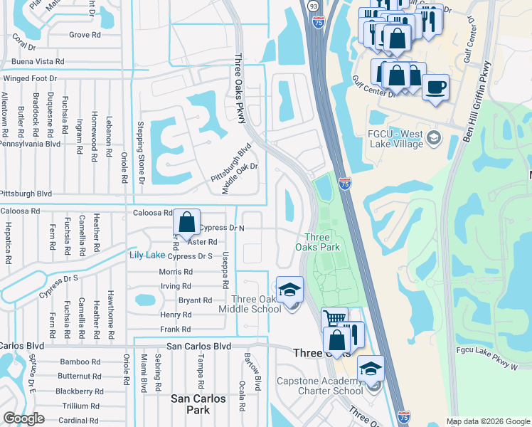 map of restaurants, bars, coffee shops, grocery stores, and more near 9283 Crocus Court in Fort Myers