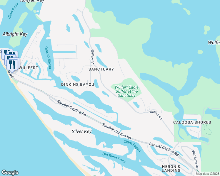 map of restaurants, bars, coffee shops, grocery stores, and more near 2380 Wulfert Road in Sanibel