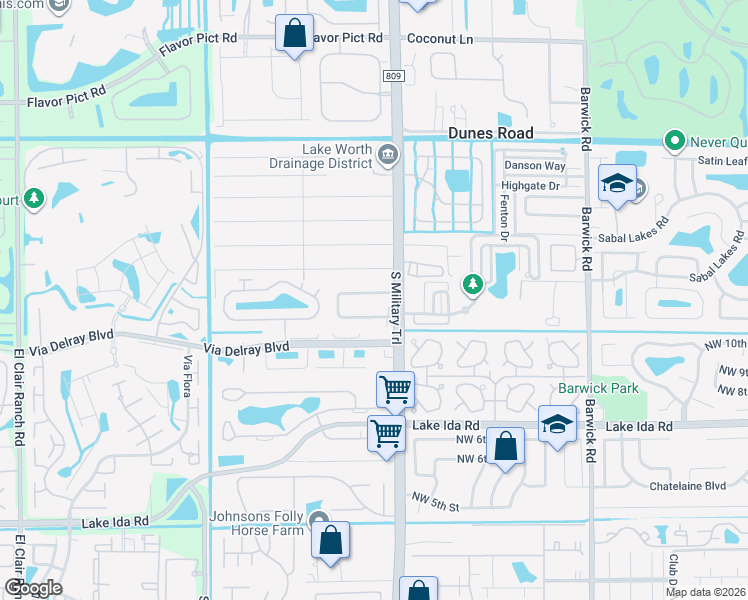 map of restaurants, bars, coffee shops, grocery stores, and more near 5095 Beechwood Road in Delray Beach