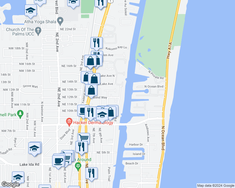 map of restaurants, bars, coffee shops, grocery stores, and more near 1208 Palm Trail in Delray Beach