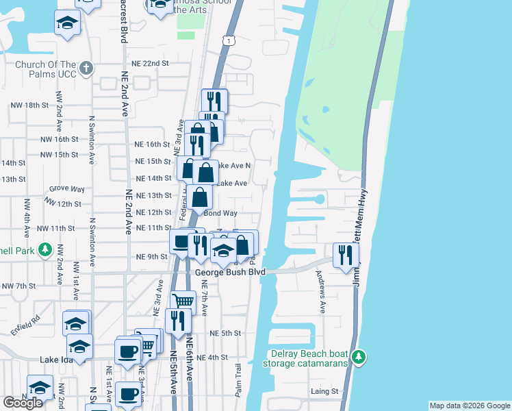 map of restaurants, bars, coffee shops, grocery stores, and more near 1208 Palm Trail in Delray Beach