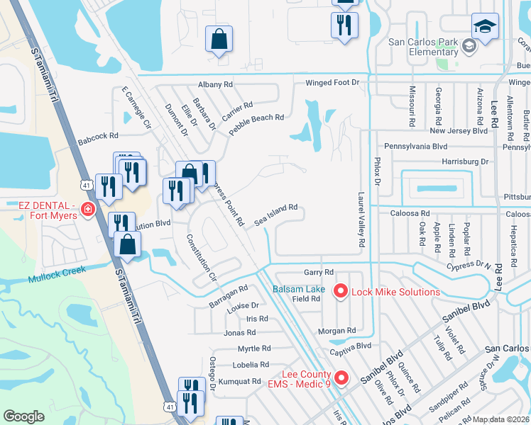map of restaurants, bars, coffee shops, grocery stores, and more near 7389 Sea Island Road in Fort Myers