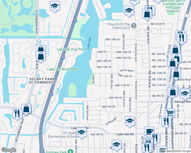 map of restaurants, bars, coffee shops, grocery stores, and more near 1121 Lake Drive in Delray Beach