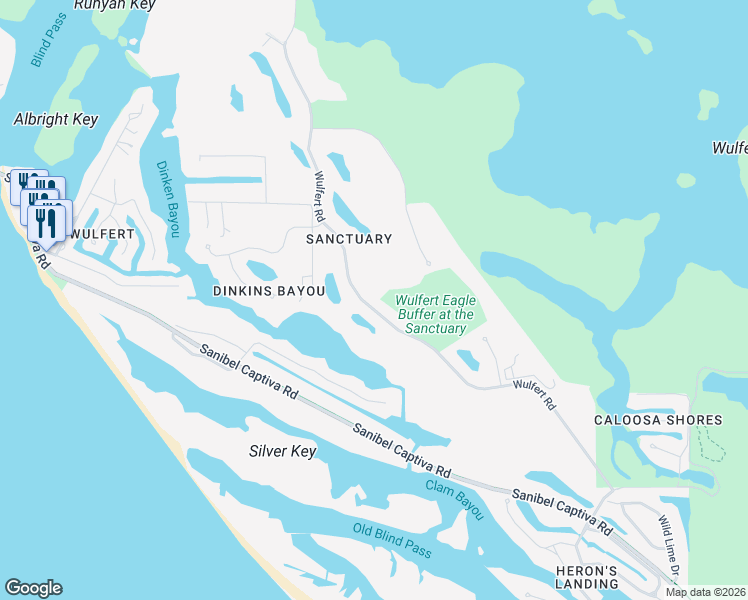 map of restaurants, bars, coffee shops, grocery stores, and more near 2380 Wulfert Road in Sanibel