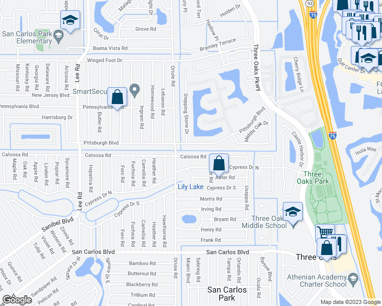 map of restaurants, bars, coffee shops, grocery stores, and more near 9023 Caloosa Road in Fort Myers