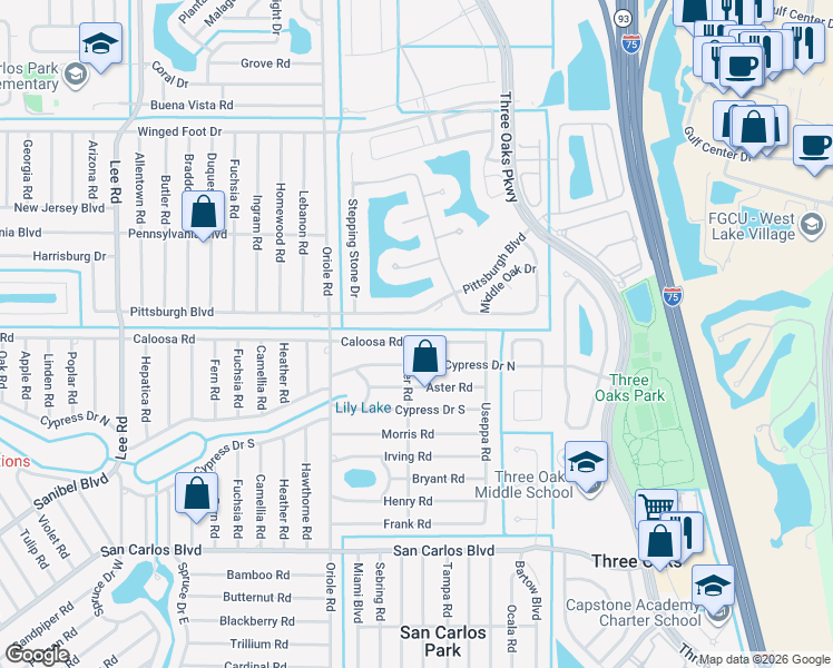 map of restaurants, bars, coffee shops, grocery stores, and more near 9087 Caloosa Road in Fort Myers