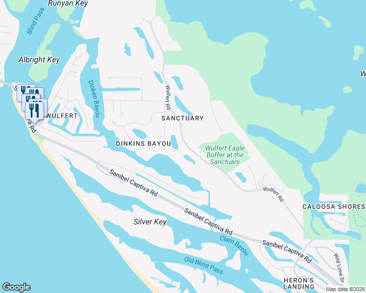 map of restaurants, bars, coffee shops, grocery stores, and more near 2405 Wulfert Road in Sanibel