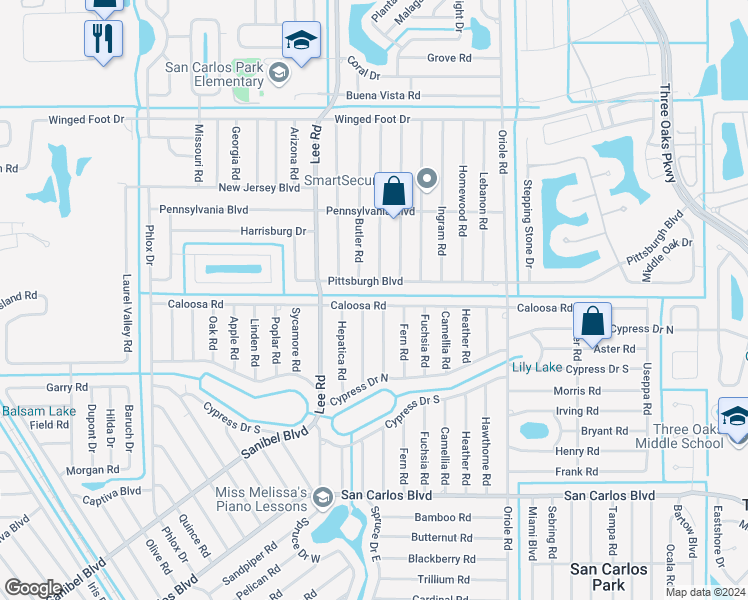 map of restaurants, bars, coffee shops, grocery stores, and more near 8303 Caloosa Road in Fort Myers