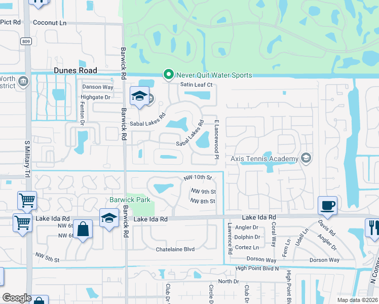 map of restaurants, bars, coffee shops, grocery stores, and more near 3900 Riverside Way in Delray Beach