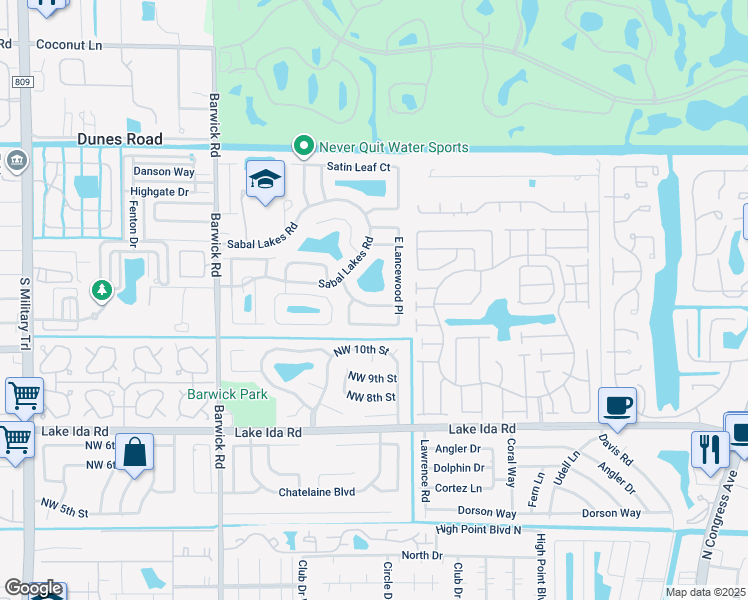 map of restaurants, bars, coffee shops, grocery stores, and more near 3745 Riverside Way in Delray Beach