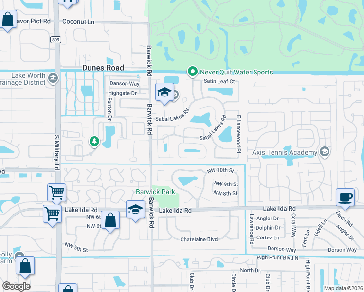 map of restaurants, bars, coffee shops, grocery stores, and more near 1195 Sea Grape Circle in Delray Beach