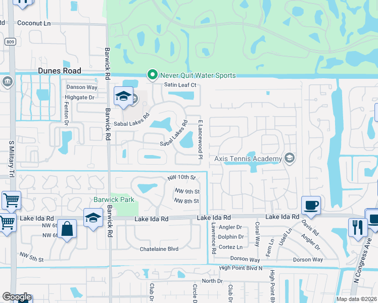 map of restaurants, bars, coffee shops, grocery stores, and more near 3755 Riverside Way in Delray Beach