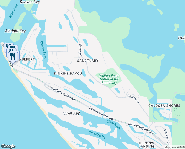 map of restaurants, bars, coffee shops, grocery stores, and more near 2405 Wulfert Road in Sanibel