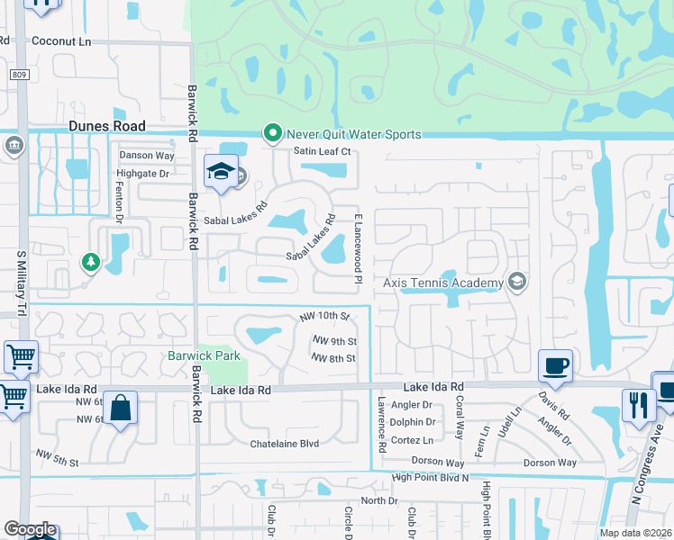 map of restaurants, bars, coffee shops, grocery stores, and more near 3755 Riverside Way in Delray Beach