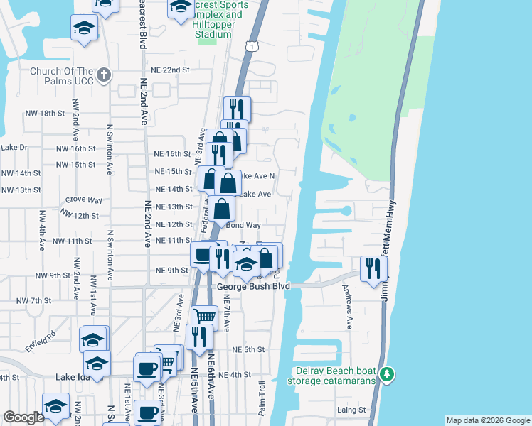 map of restaurants, bars, coffee shops, grocery stores, and more near 906 Denery Lane in Delray Beach
