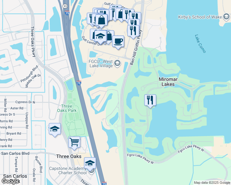 map of restaurants, bars, coffee shops, grocery stores, and more near 17992 Modena Rd in Miromar Lakes