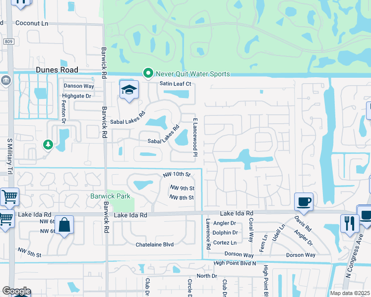 map of restaurants, bars, coffee shops, grocery stores, and more near 3745 Riverside Way in Delray Beach