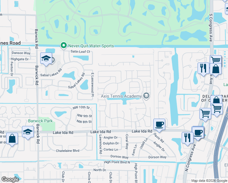 map of restaurants, bars, coffee shops, grocery stores, and more near 2915 Northwest 12th Street in Delray Beach