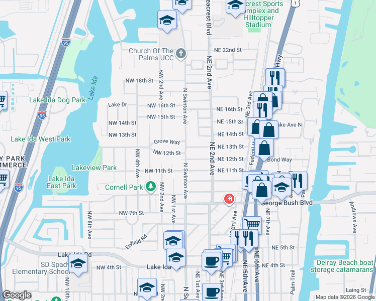 map of restaurants, bars, coffee shops, grocery stores, and more near 1275 North Swinton Avenue in Delray Beach