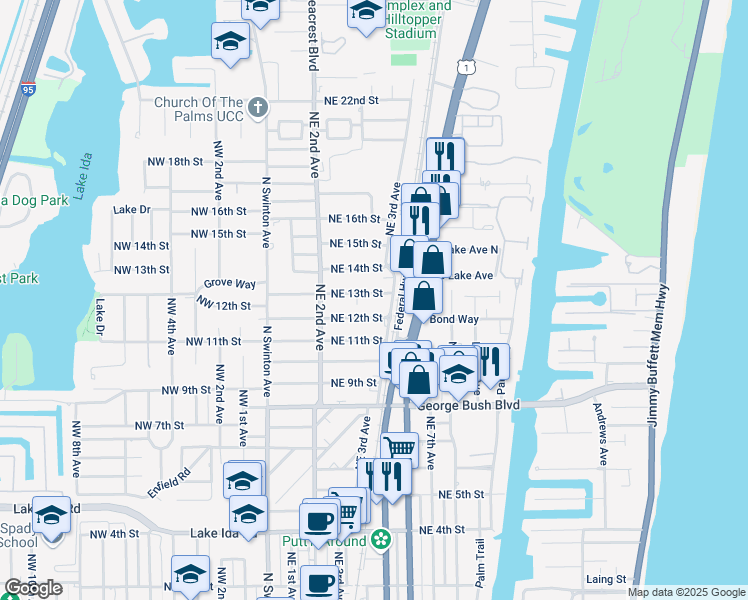 map of restaurants, bars, coffee shops, grocery stores, and more near 262 Northeast 13th Street in Delray Beach