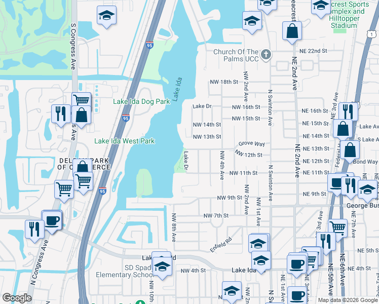 map of restaurants, bars, coffee shops, grocery stores, and more near 1121 Lake Drive in Delray Beach