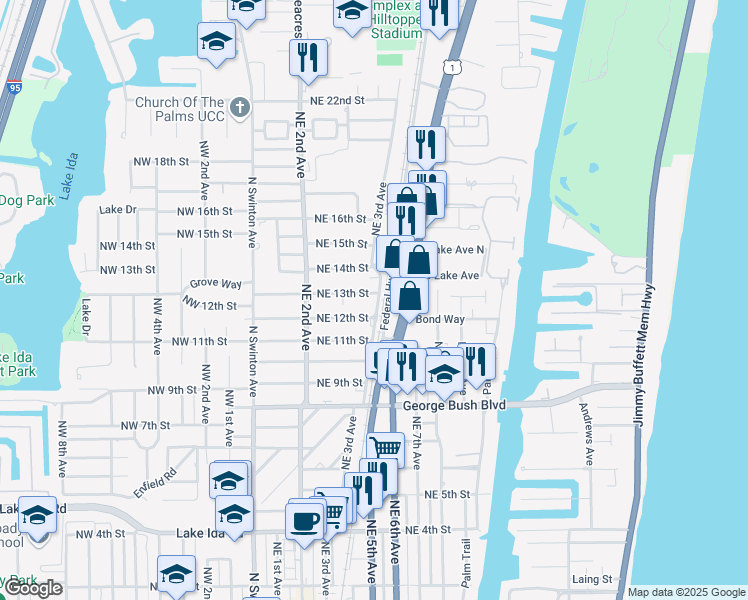 map of restaurants, bars, coffee shops, grocery stores, and more near 262 Northeast 13th Street in Delray Beach