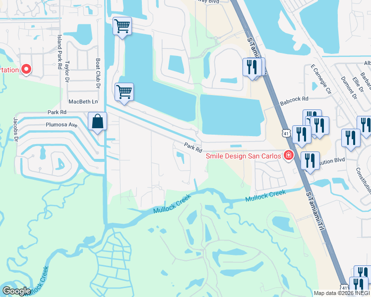 map of restaurants, bars, coffee shops, grocery stores, and more near 18071 Parkridge Ct in Fort Myers