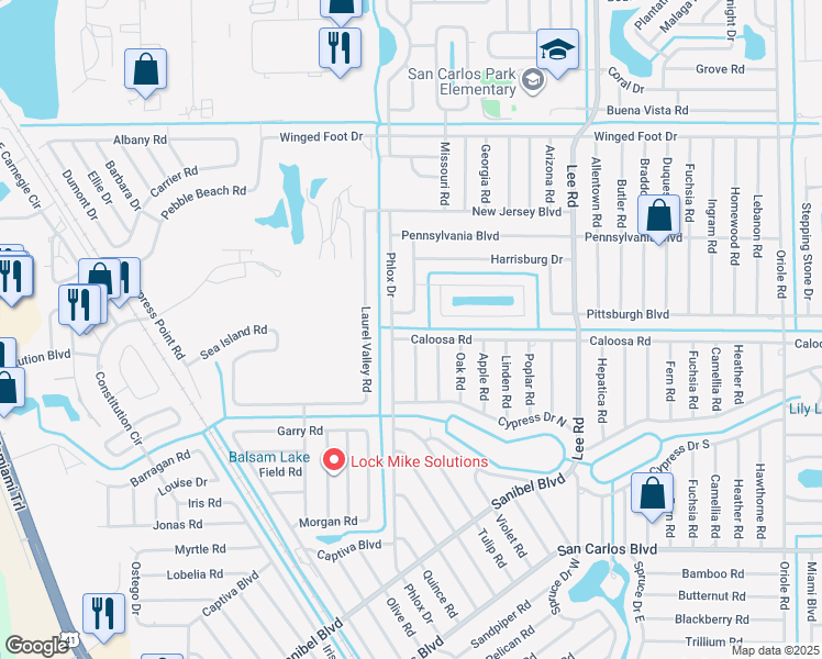 map of restaurants, bars, coffee shops, grocery stores, and more near 8017 Caloosa Road in Fort Myers