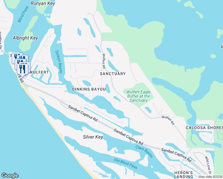 map of restaurants, bars, coffee shops, grocery stores, and more near 2405 Wulfert Road in Sanibel