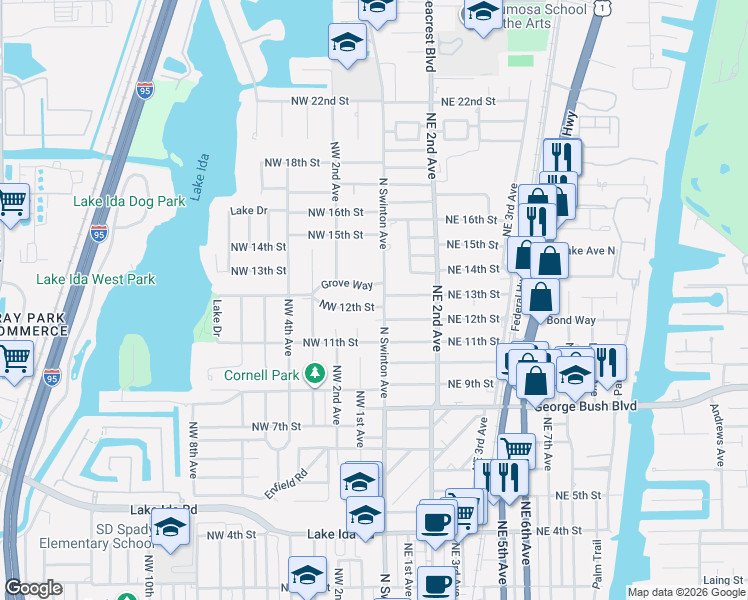 map of restaurants, bars, coffee shops, grocery stores, and more near 1202 North Swinton Avenue in Delray Beach