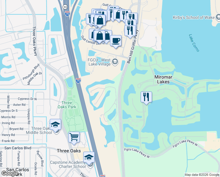 map of restaurants, bars, coffee shops, grocery stores, and more near 17992 Modena Road in Miromar Lakes