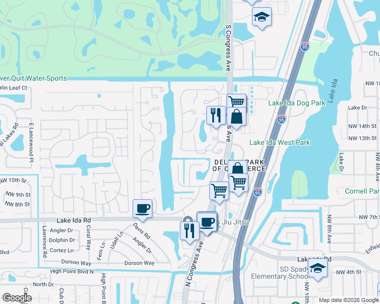 map of restaurants, bars, coffee shops, grocery stores, and more near 1950 Northwest 13th Street in Delray Beach