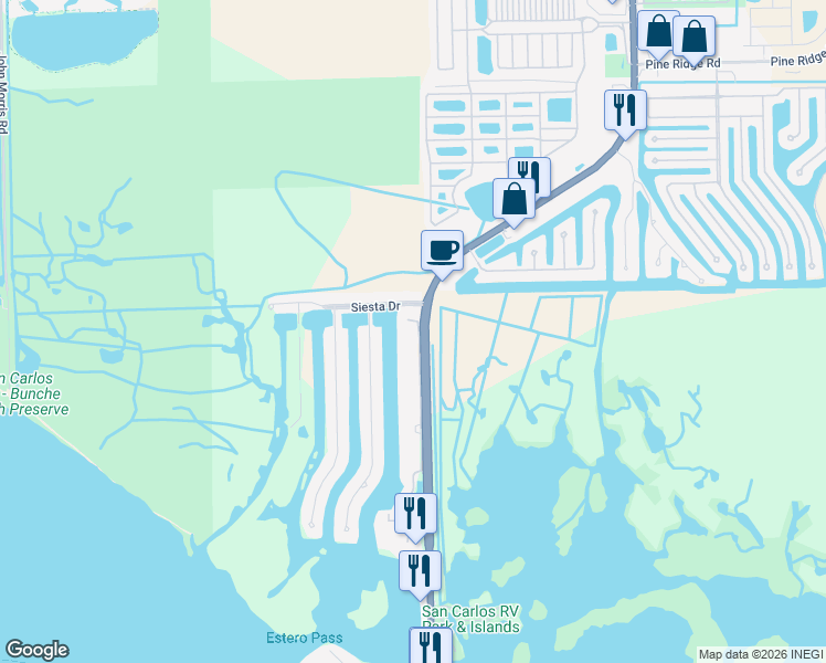 map of restaurants, bars, coffee shops, grocery stores, and more near 18004 San Carlos Boulevard in Fort Myers Beach