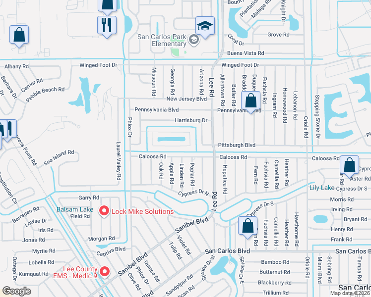 map of restaurants, bars, coffee shops, grocery stores, and more near 8155 Caloosa Vista Road in Fort Myers
