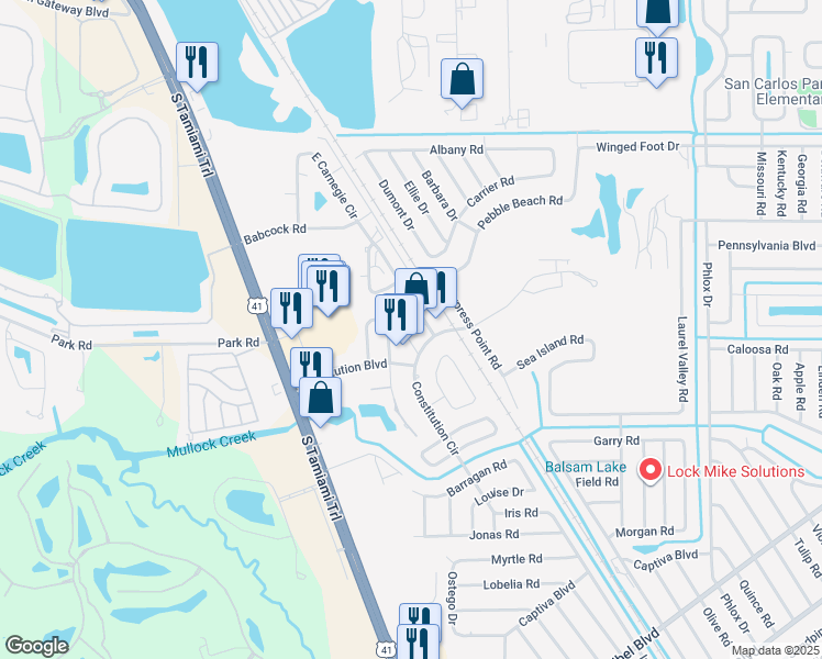 map of restaurants, bars, coffee shops, grocery stores, and more near 18001 San Juan Court Southeast in Fort Myers