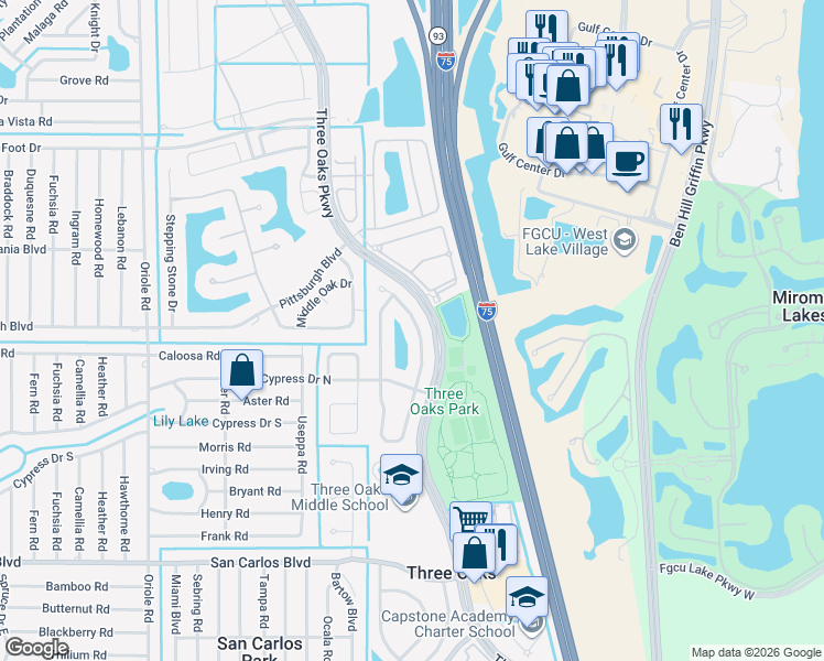 map of restaurants, bars, coffee shops, grocery stores, and more near 17860 Castle Harbor Drive in Fort Myers